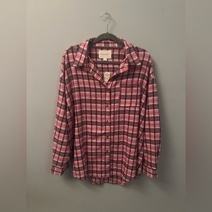 Long Sleeve Plaid Flannel Button-Down Oversized Shirt, Pink/Magenta, Size Medium